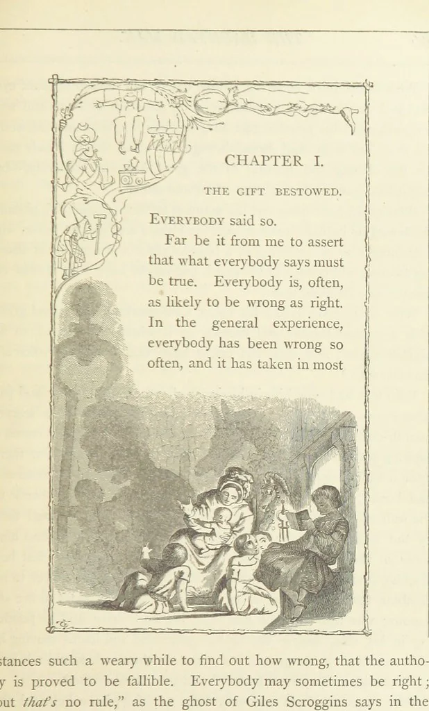 An illustration from Christmas Books ... With illustrations by Sir Edwin Landseer, R.A., Maclise, R.A., Stanfield, R.A., F. Stone, Doyle, Leech, and Tenniel, 1869, leaf 389