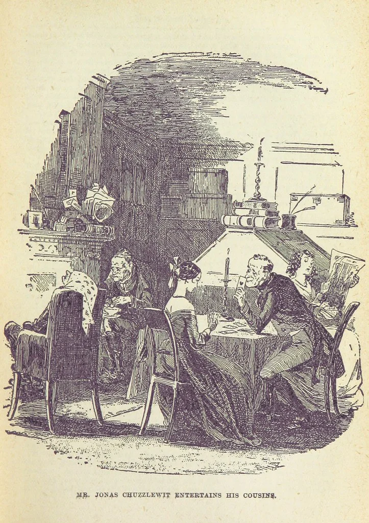 An illustration from The Life and Adventures of Martin Chuzzlewit. [With plates, 1893, leaf 141