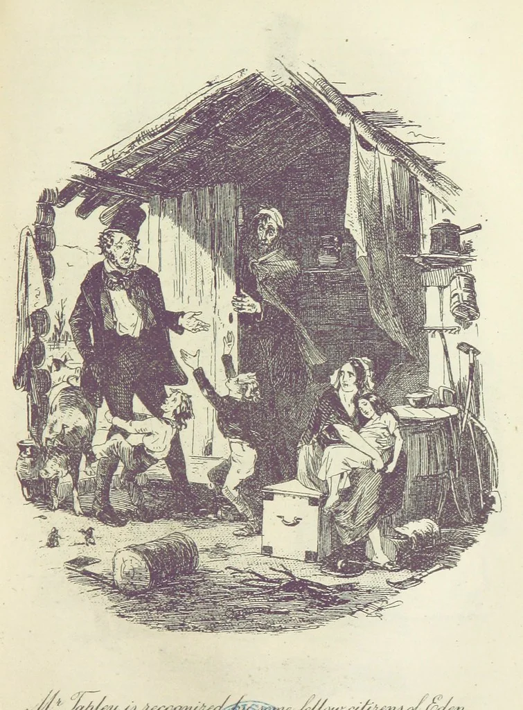 An illustration from The Life and Adventures of Martin Chuzzlewit. [With plates, 1893, leaf 375