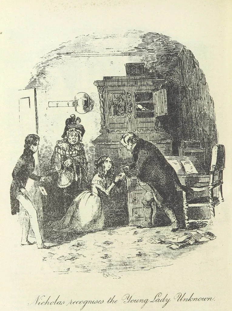An illustration from The Life and Adventures of Nicholas Nickleby. [With plates, 1892, leaf 350