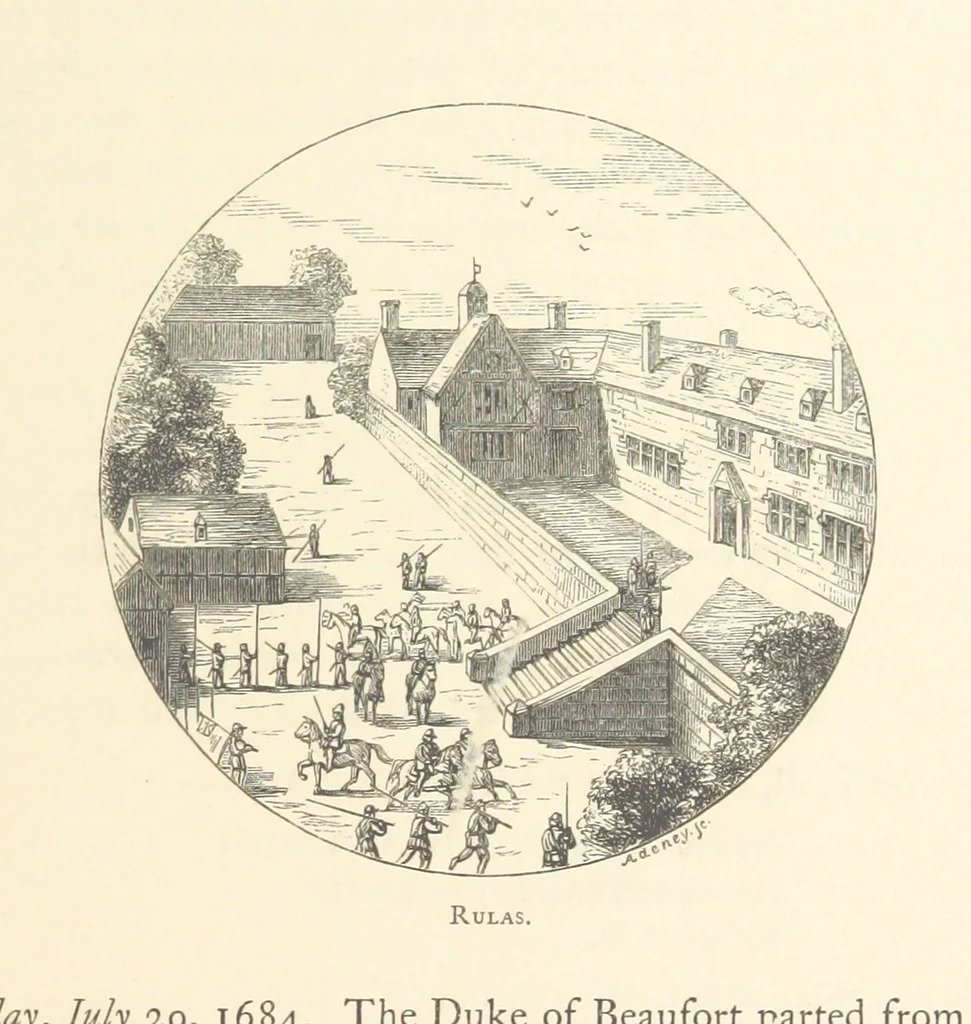 An illustration from An Account of the Progress of his Grace Henry the first Duke of Beaufort through Wales, 1684. And Notitia Cambro-Britannica. Edited from the original MS. ... by Charles Baker. [Followed by “A Statement of the services and expenses of the Marquis of Worcester, for his king and country.”, 1864, leaf 107