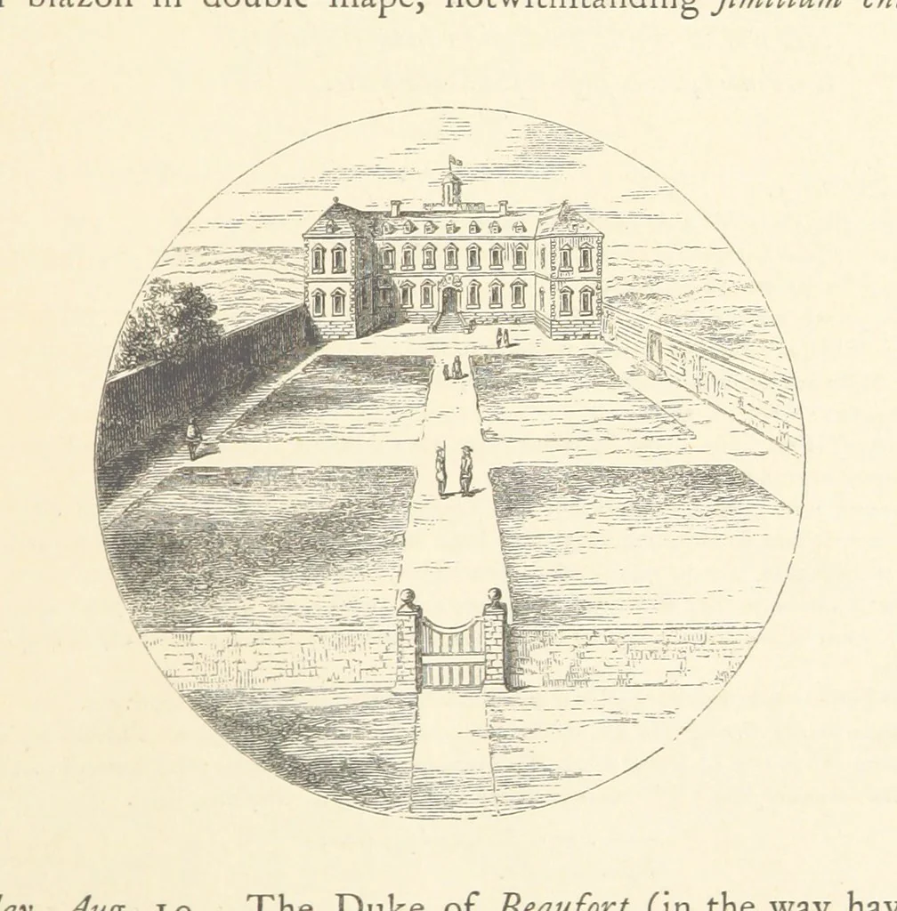 An illustration from An Account of the Progress of his Grace Henry the first Duke of Beaufort through Wales, 1684. And Notitia Cambro-Britannica. Edited from the original MS. ... by Charles Baker. [Followed by “A Statement of the services and expenses of the Marquis of Worcester, for his king and country.”, 1864, leaf 255