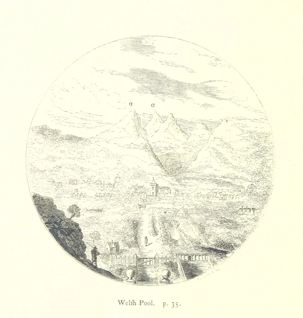 An illustration from An Account of the Progress of his Grace Henry the first Duke of Beaufort through Wales, 1684. And Notitia Cambro-Britannica. Edited from the original MS. ... by Charles Baker. [Followed by “A Statement of the services and expenses of the Marquis of Worcester, for his king and country.”, 1864, leaf 56