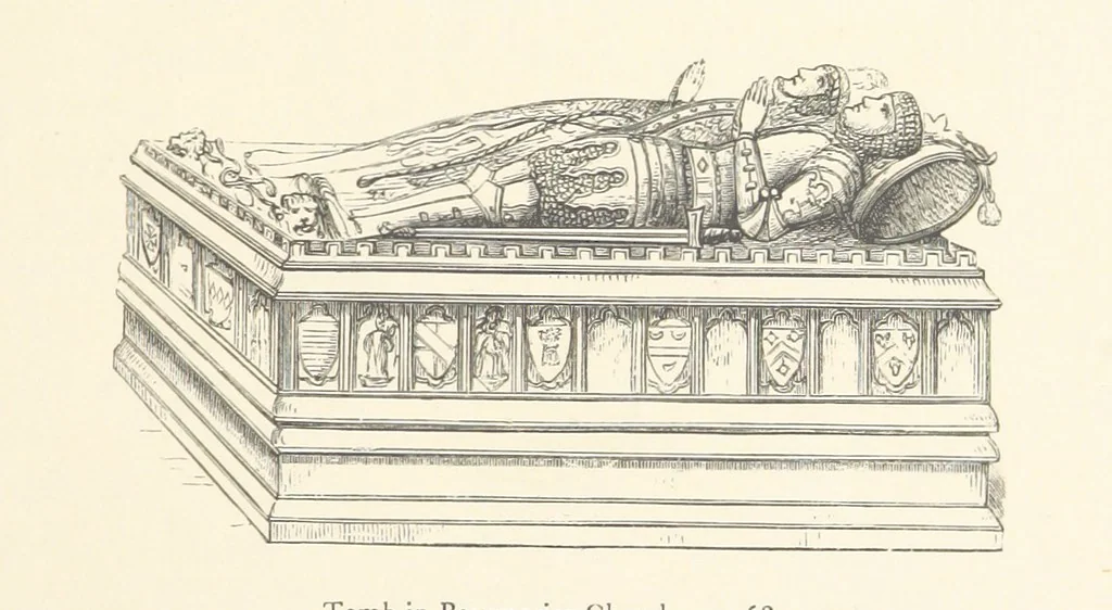 An illustration from An Account of the Progress of his Grace Henry the first Duke of Beaufort through Wales, 1684. And Notitia Cambro-Britannica. Edited from the original MS. ... by Charles Baker. [Followed by “A Statement of the services and expenses of the Marquis of Worcester, for his king and country.”, 1864, leaf 91