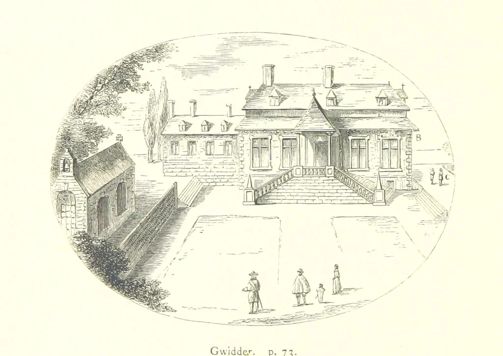 An illustration from An Account of the Progress of his Grace Henry the first Duke of Beaufort through Wales, 1684. And Notitia Cambro-Britannica. Edited from the original MS. ... by Charles Baker. [Followed by “A Statement of the services and expenses of the Marquis of Worcester, for his king and country.”, 1864, leaf 98
