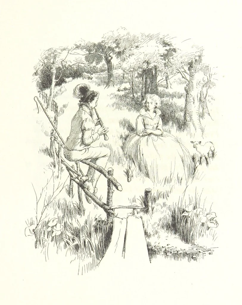 An illustration from Coridon's Song and other verses from various sources. With illustrations by Hugh Thomson ... With an introduction by Austin Dobson. L.P, 1894, leaf 243