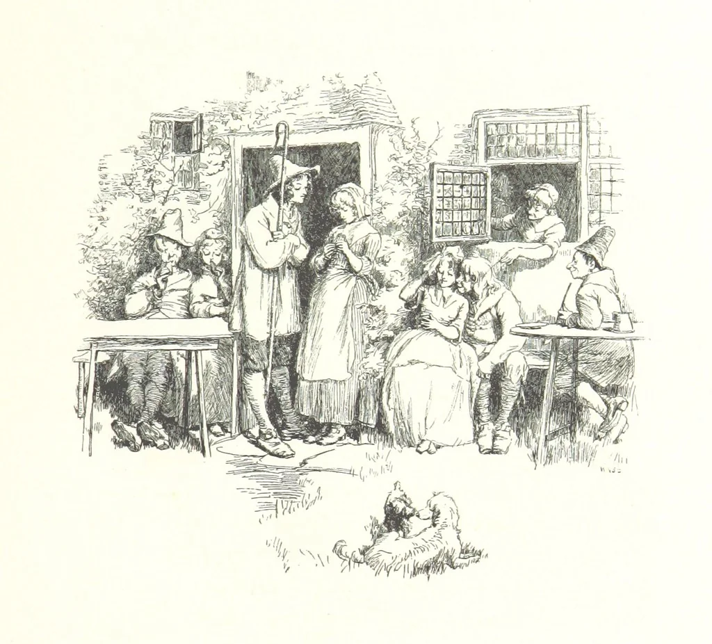 An illustration from Coridon's Song and other verses from various sources. With illustrations by Hugh Thomson ... With an introduction by Austin Dobson. L.P, 1894, leaf 261