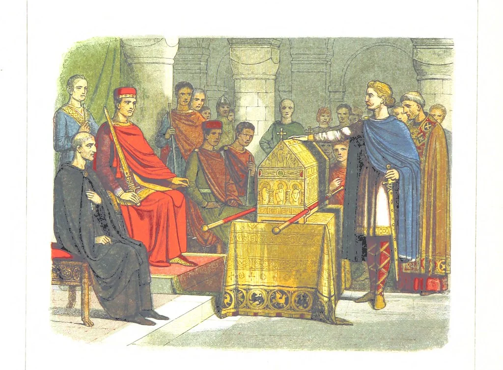 An illustration from A Chronicle of England B.C. 55-A.D. 1485, written and illustrated by J. E. D. The designs engraved and printed in colours by E. Evans. F.P, 1864, leaf 108