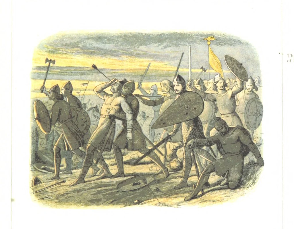 An illustration from A Chronicle of England B.C. 55-A.D. 1485, written and illustrated by J. E. D. The designs engraved and printed in colours by E. Evans. F.P, 1864, leaf 113