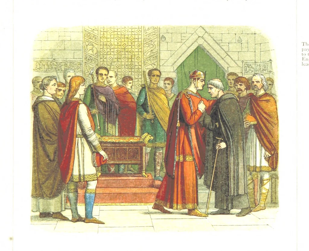 An illustration from A Chronicle of England B.C. 55-A.D. 1485, written and illustrated by J. E. D. The designs engraved and printed in colours by E. Evans. F.P, 1864, leaf 117