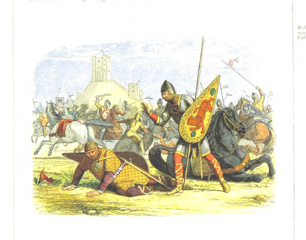 An illustration from A Chronicle of England B.C. 55-A.D. 1485, written and illustrated by J. E. D. The designs engraved and printed in colours by E. Evans. F.P, 1864, leaf 125