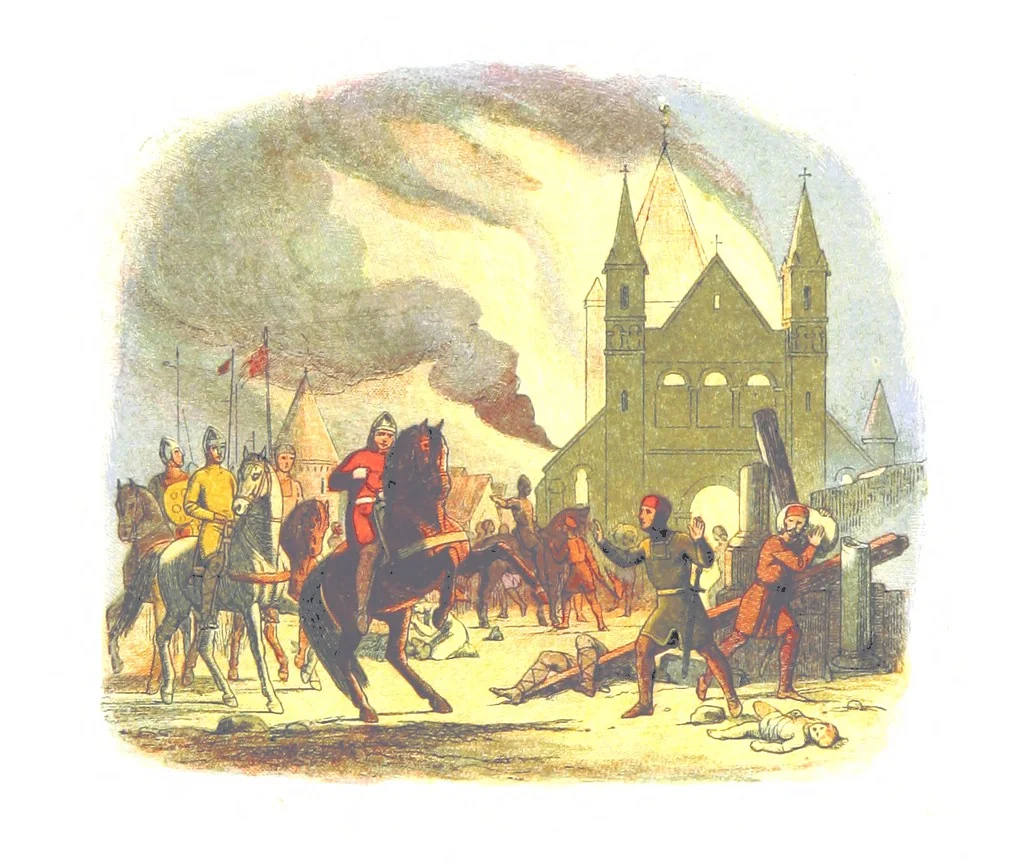 An illustration from A Chronicle of England B.C. 55-A.D. 1485, written and illustrated by J. E. D. The designs engraved and printed in colours by E. Evans. F.P, 1864, leaf 128