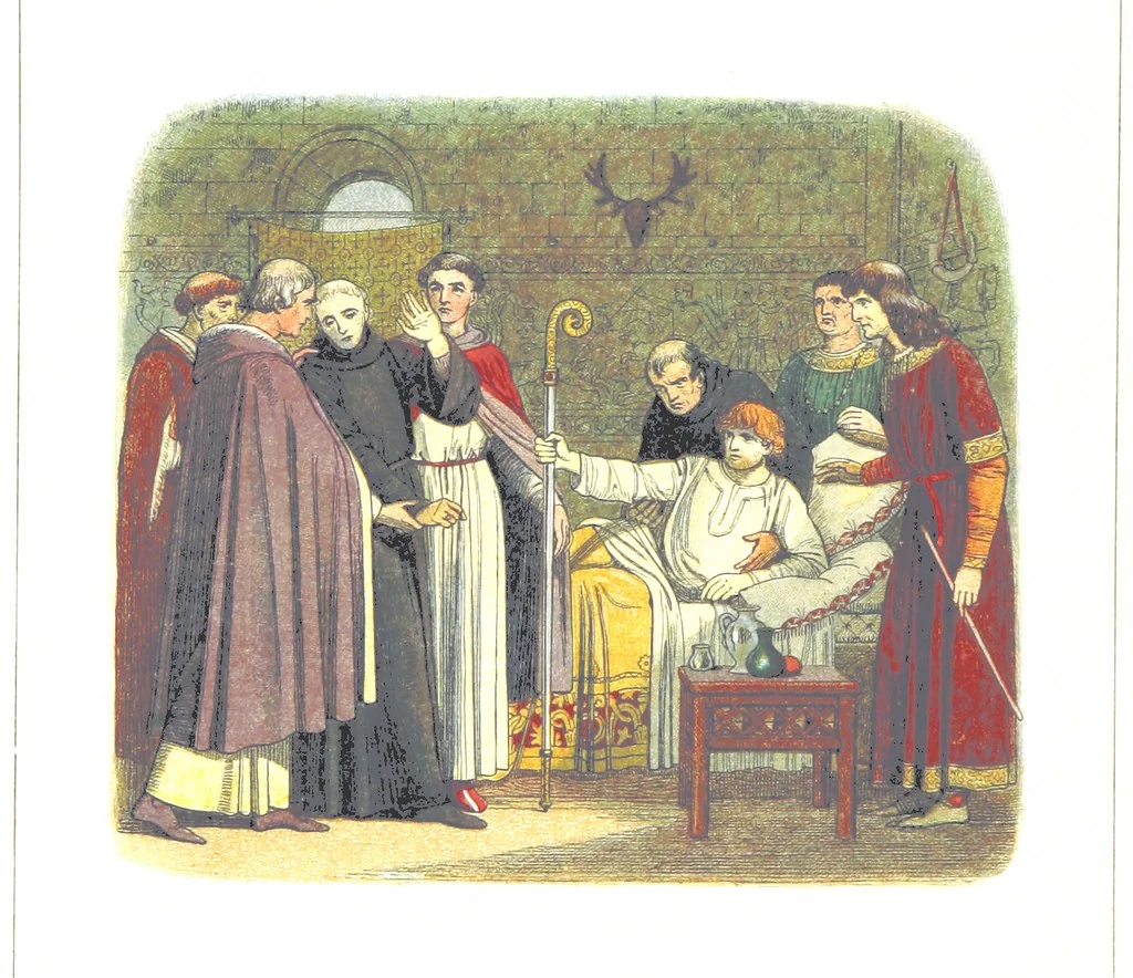An illustration from A Chronicle of England B.C. 55-A.D. 1485, written and illustrated by J. E. D. The designs engraved and printed in colours by E. Evans. F.P, 1864, leaf 134