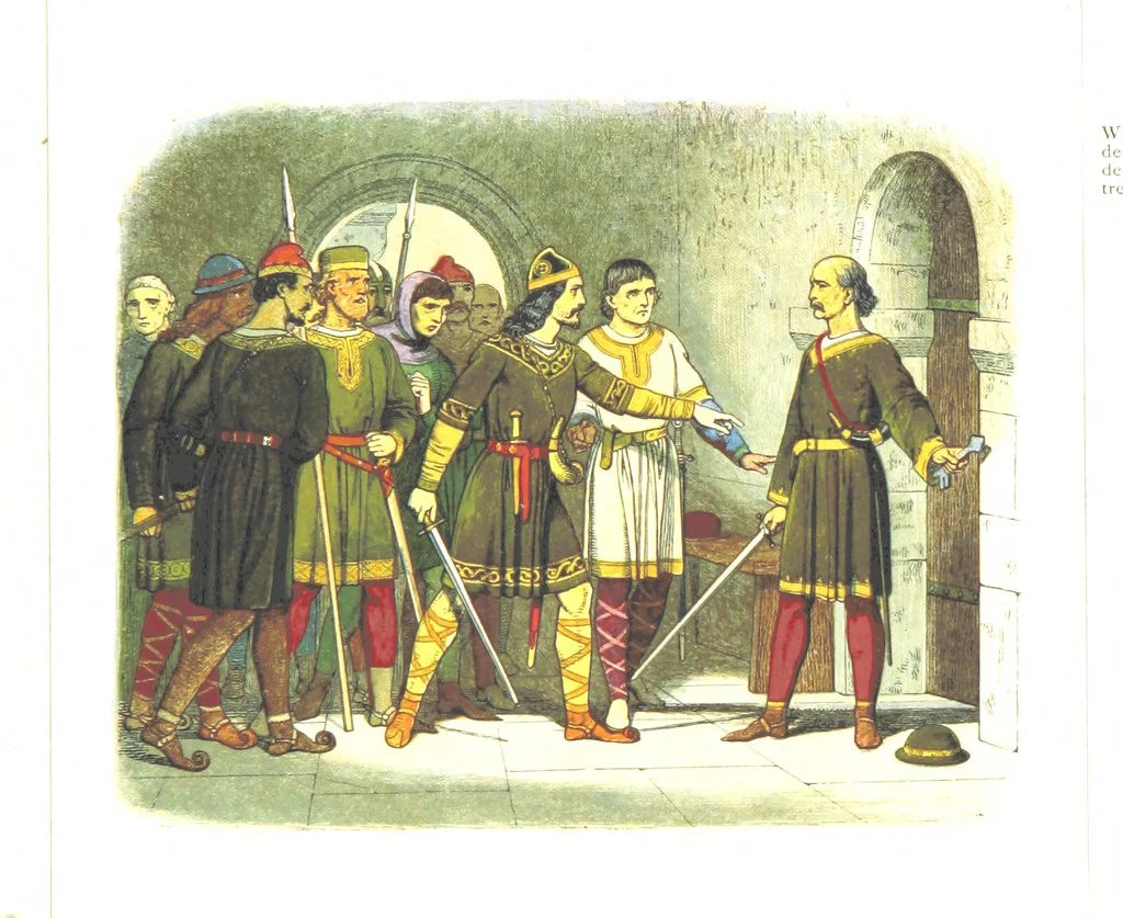 An illustration from A Chronicle of England B.C. 55-A.D. 1485, written and illustrated by J. E. D. The designs engraved and printed in colours by E. Evans. F.P, 1864, leaf 141