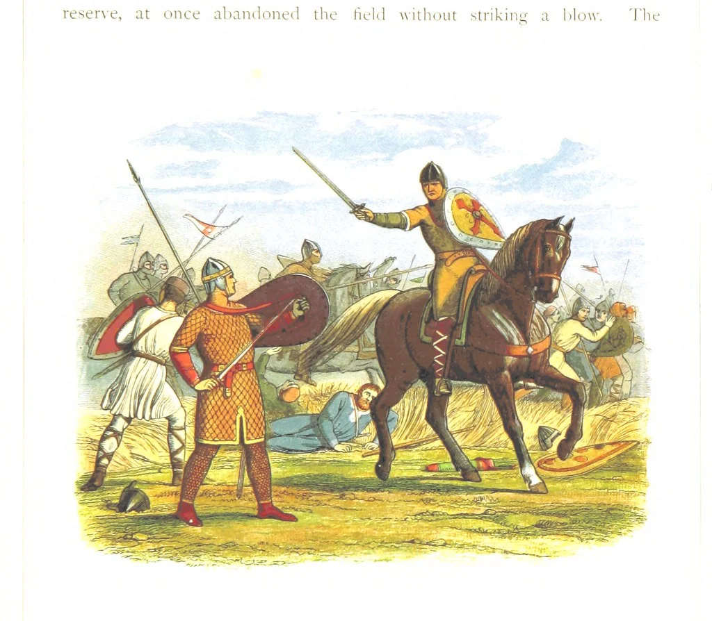 An illustration from A Chronicle of England B.C. 55-A.D. 1485, written and illustrated by J. E. D. The designs engraved and printed in colours by E. Evans. F.P, 1864, leaf 147