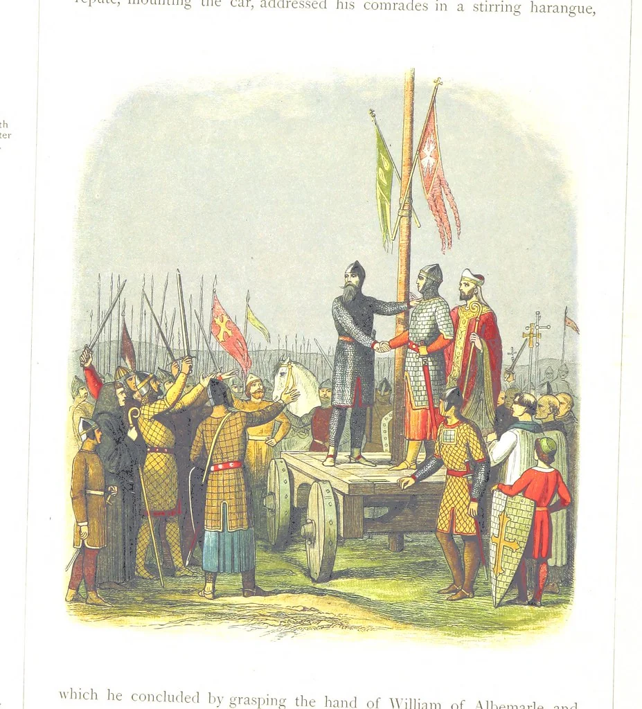 An illustration from A Chronicle of England B.C. 55-A.D. 1485, written and illustrated by J. E. D. The designs engraved and printed in colours by E. Evans. F.P, 1864, leaf 160
