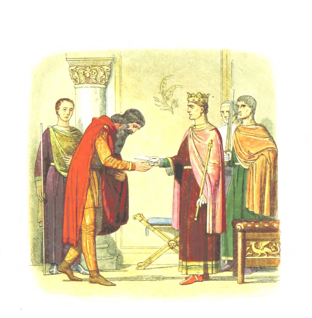 An illustration from A Chronicle of England B.C. 55-A.D. 1485, written and illustrated by J. E. D. The designs engraved and printed in colours by E. Evans. F.P, 1864, leaf 191
