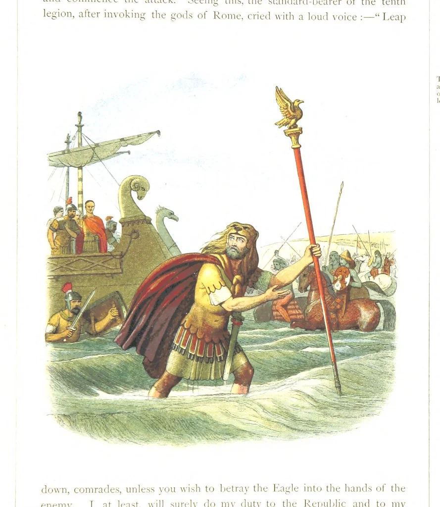 An illustration from A Chronicle of England B.C. 55-A.D. 1485, written and illustrated by J. E. D. The designs engraved and printed in colours by E. Evans. F.P, 1864, leaf 21