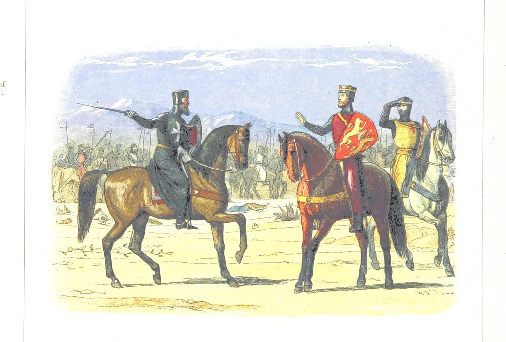 An illustration from A Chronicle of England B.C. 55-A.D. 1485, written and illustrated by J. E. D. The designs engraved and printed in colours by E. Evans. F.P, 1864, leaf 210