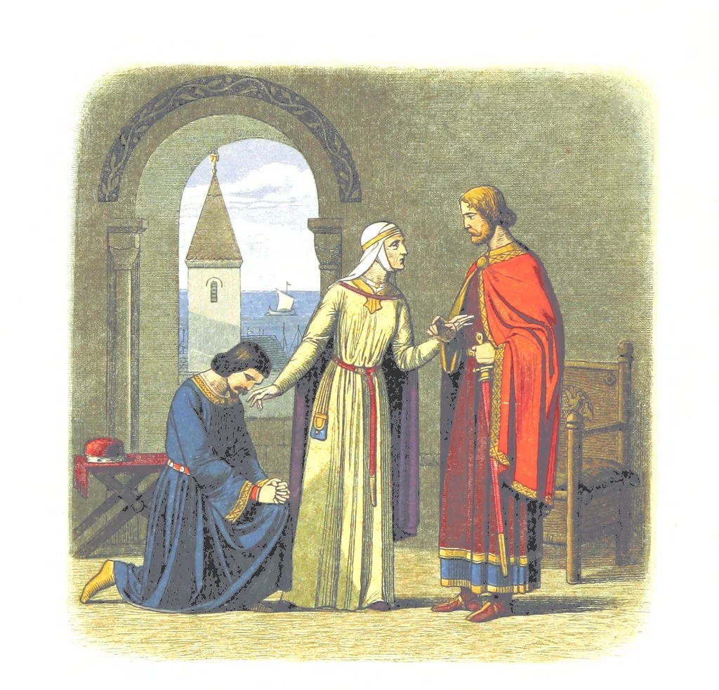An illustration from A Chronicle of England B.C. 55-A.D. 1485, written and illustrated by J. E. D. The designs engraved and printed in colours by E. Evans. F.P, 1864, leaf 220