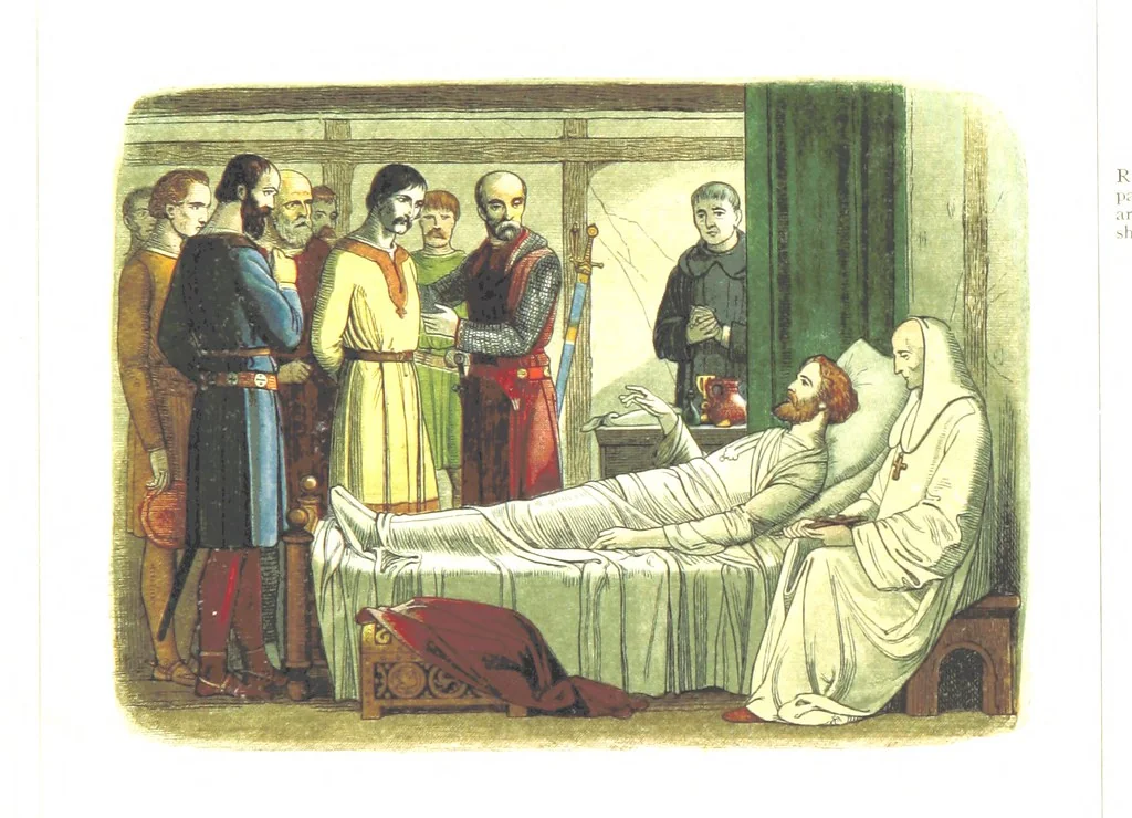 An illustration from A Chronicle of England B.C. 55-A.D. 1485, written and illustrated by J. E. D. The designs engraved and printed in colours by E. Evans. F.P, 1864, leaf 225