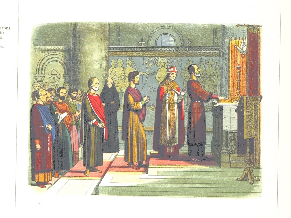An illustration from A Chronicle of England B.C. 55-A.D. 1485, written and illustrated by J. E. D. The designs engraved and printed in colours by E. Evans. F.P, 1864, leaf 238
