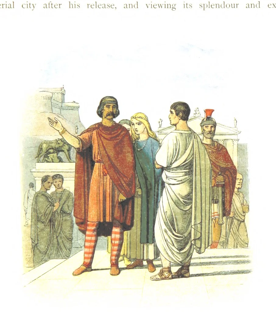 An illustration from A Chronicle of England B.C. 55-A.D. 1485, written and illustrated by J. E. D. The designs engraved and printed in colours by E. Evans. F.P, 1864, leaf 25