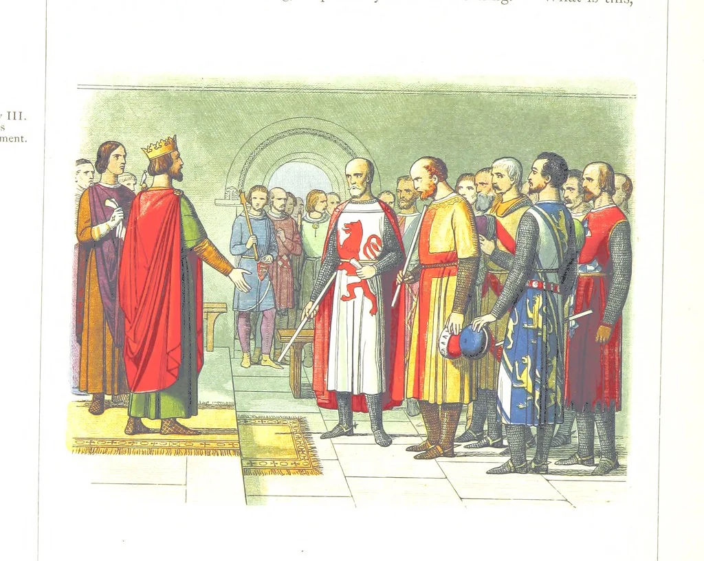 An illustration from A Chronicle of England B.C. 55-A.D. 1485, written and illustrated by J. E. D. The designs engraved and printed in colours by E. Evans. F.P, 1864, leaf 258