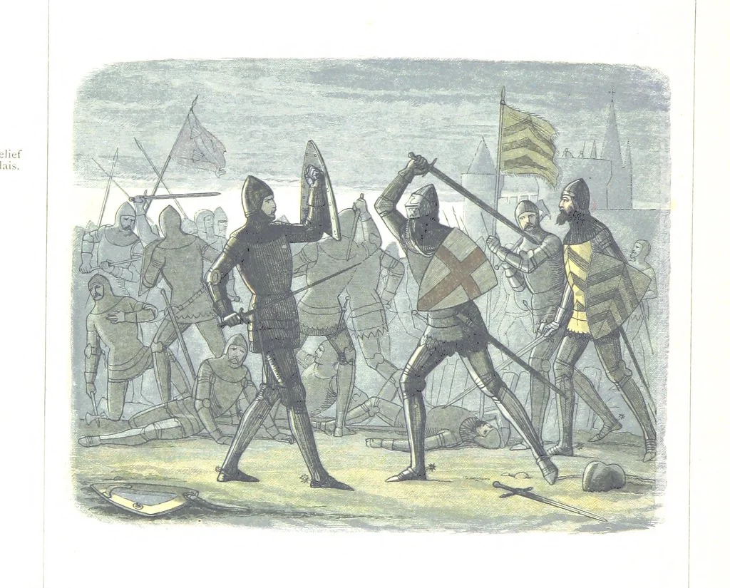 An illustration from A Chronicle of England B.C. 55-A.D. 1485, written and illustrated by J. E. D. The designs engraved and printed in colours by E. Evans. F.P, 1864, leaf 322