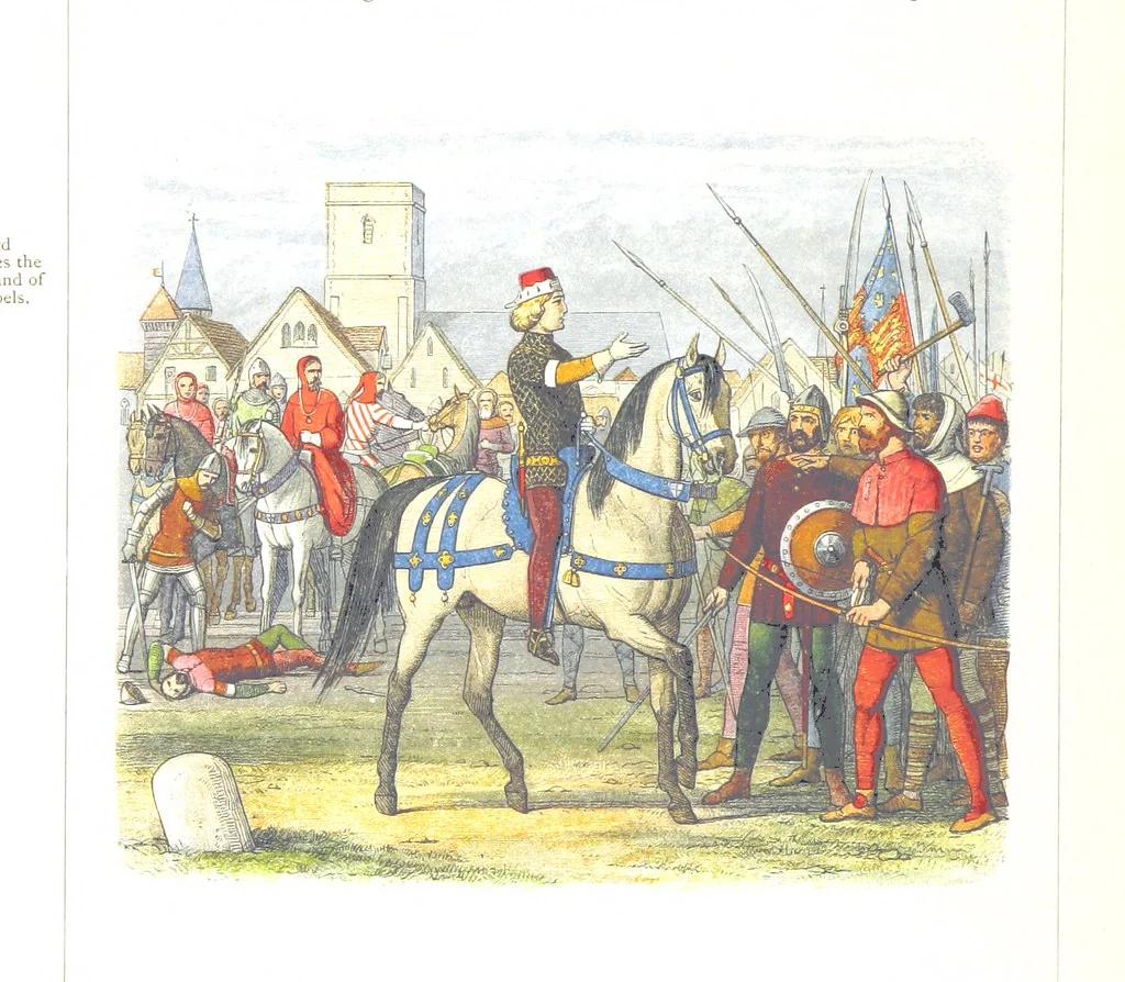 An illustration from A Chronicle of England B.C. 55-A.D. 1485, written and illustrated by J. E. D. The designs engraved and printed in colours by E. Evans. F.P, 1864, leaf 340