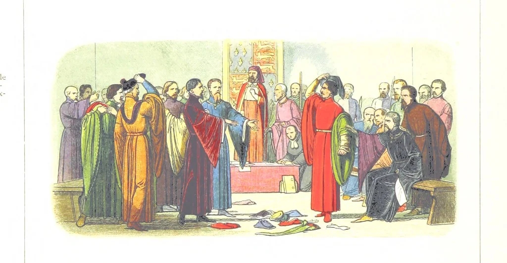 An illustration from A Chronicle of England B.C. 55-A.D. 1485, written and illustrated by J. E. D. The designs engraved and printed in colours by E. Evans. F.P, 1864, leaf 358