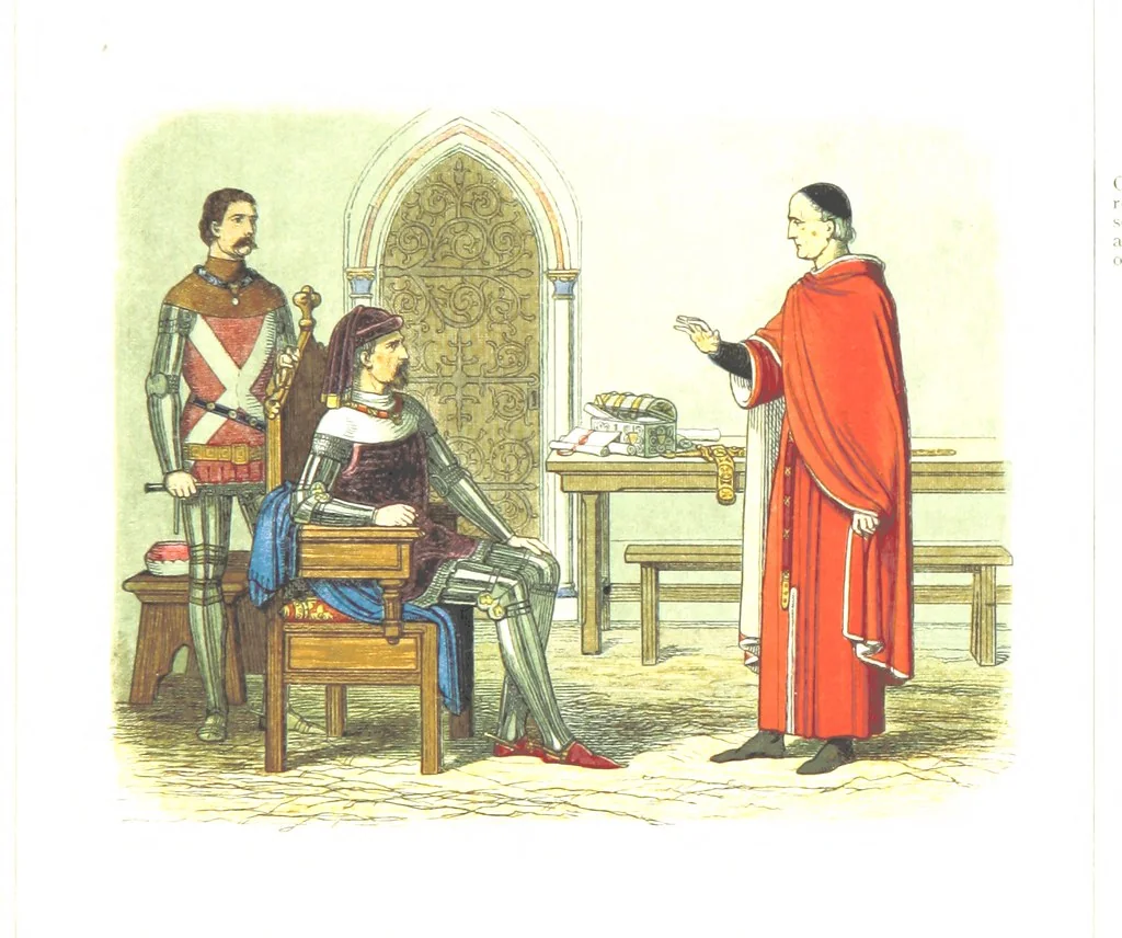 An illustration from A Chronicle of England B.C. 55-A.D. 1485, written and illustrated by J. E. D. The designs engraved and printed in colours by E. Evans. F.P, 1864, leaf 369
