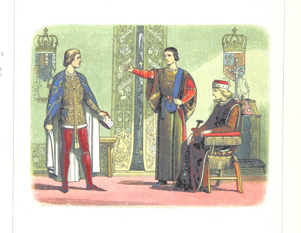 An illustration from A Chronicle of England B.C. 55-A.D. 1485, written and illustrated by J. E. D. The designs engraved and printed in colours by E. Evans. F.P, 1864, leaf 416