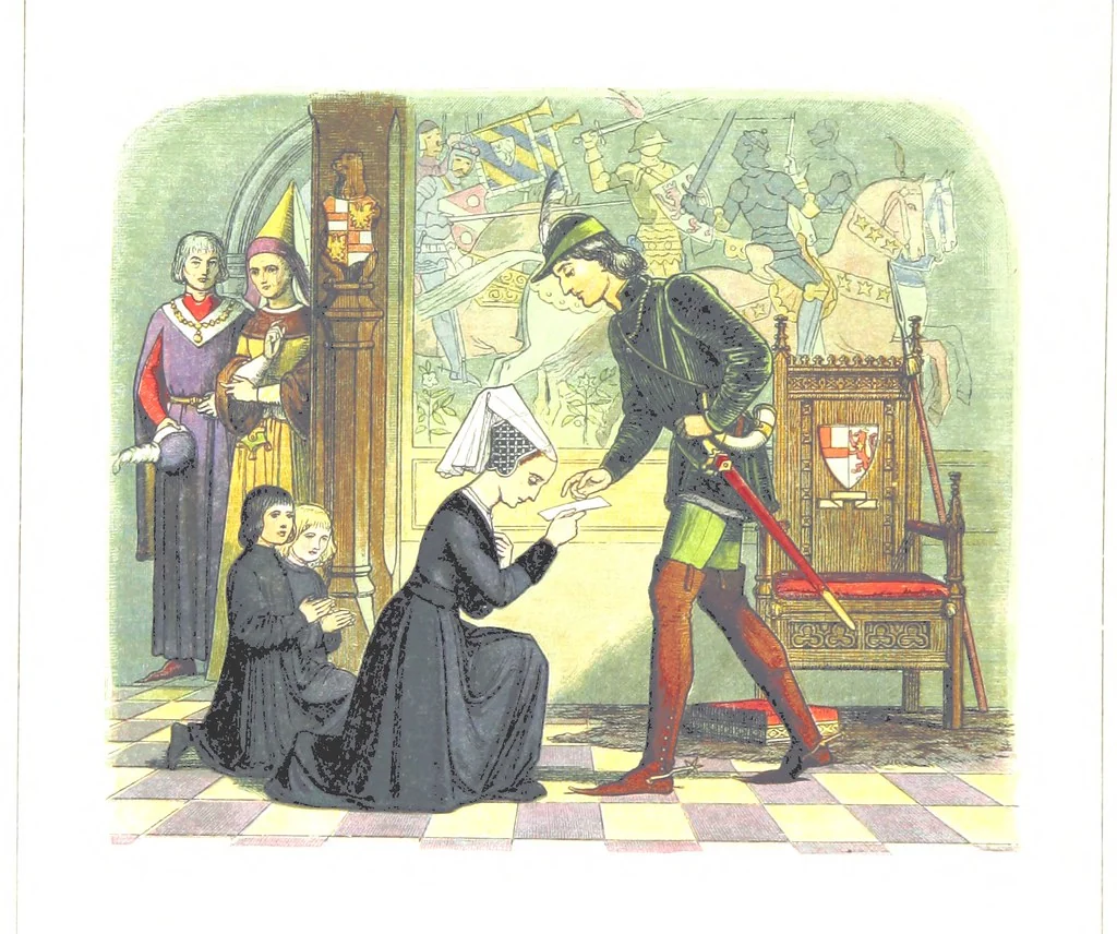 An illustration from A Chronicle of England B.C. 55-A.D. 1485, written and illustrated by J. E. D. The designs engraved and printed in colours by E. Evans. F.P, 1864, leaf 428