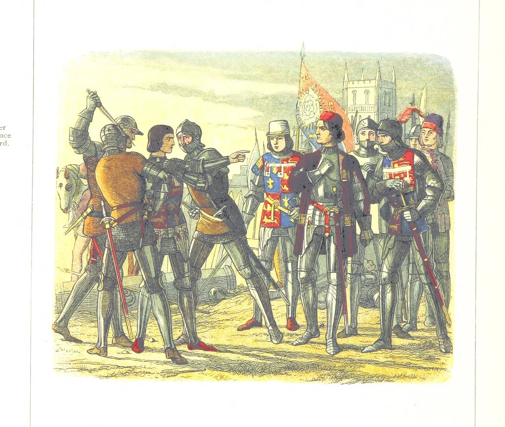 An illustration from A Chronicle of England B.C. 55-A.D. 1485, written and illustrated by J. E. D. The designs engraved and printed in colours by E. Evans. F.P, 1864, leaf 440