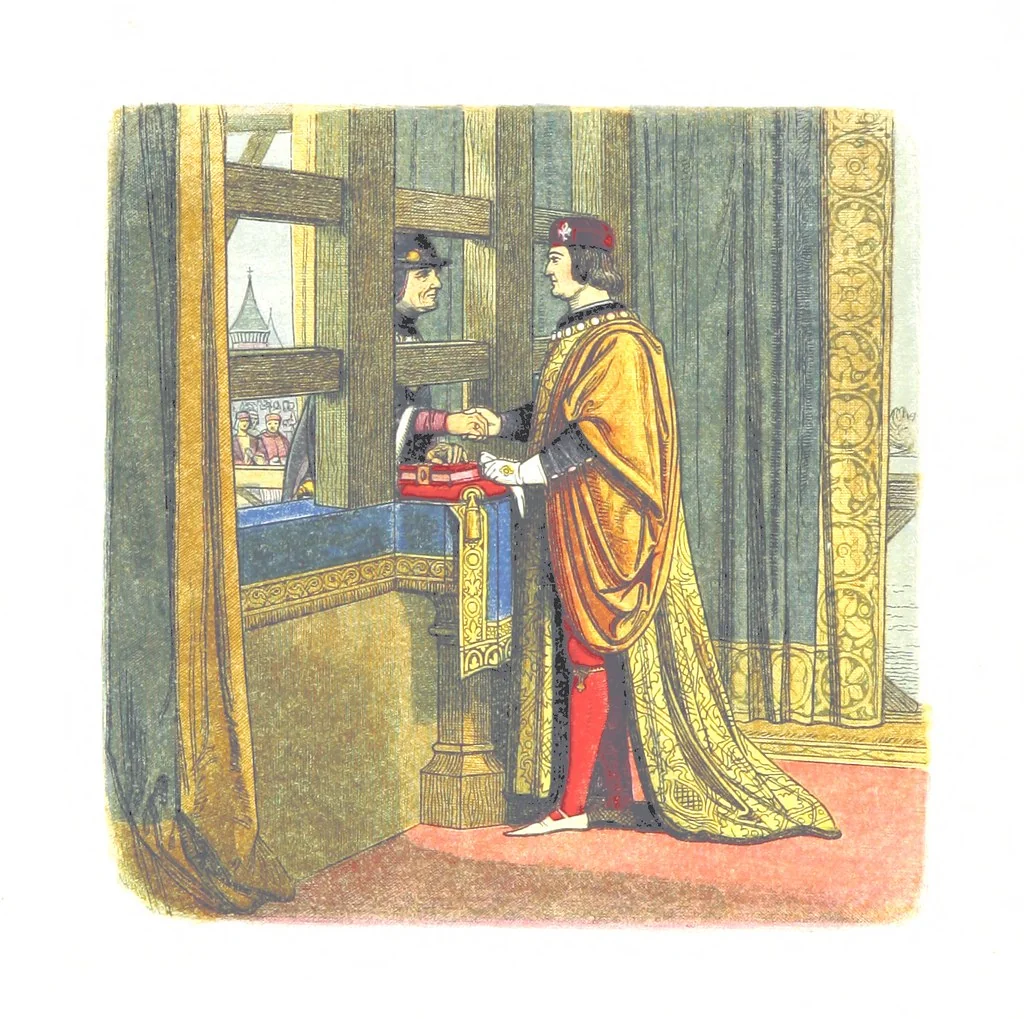 An illustration from A Chronicle of England B.C. 55-A.D. 1485, written and illustrated by J. E. D. The designs engraved and printed in colours by E. Evans. F.P, 1864, leaf 444