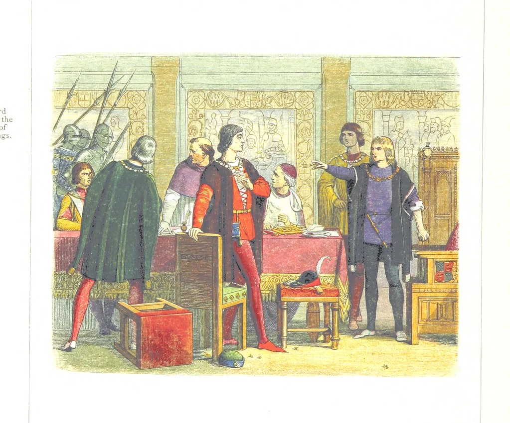 An illustration from A Chronicle of England B.C. 55-A.D. 1485, written and illustrated by J. E. D. The designs engraved and printed in colours by E. Evans. F.P, 1864, leaf 452