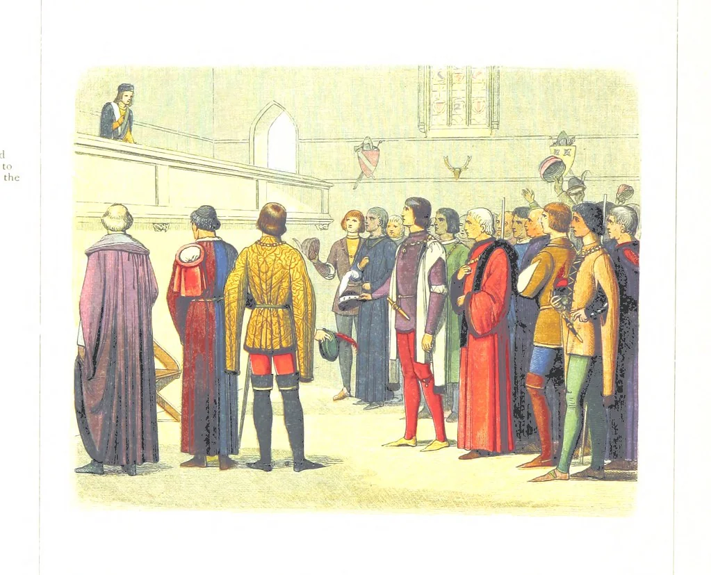 An illustration from A Chronicle of England B.C. 55-A.D. 1485, written and illustrated by J. E. D. The designs engraved and printed in colours by E. Evans. F.P, 1864, leaf 456