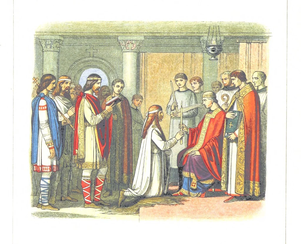 An illustration from A Chronicle of England B.C. 55-A.D. 1485, written and illustrated by J. E. D. The designs engraved and printed in colours by E. Evans. F.P, 1864, leaf 68