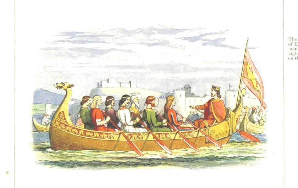 An illustration from A Chronicle of England B.C. 55-A.D. 1485, written and illustrated by J. E. D. The designs engraved and printed in colours by E. Evans. F.P, 1864, leaf 85