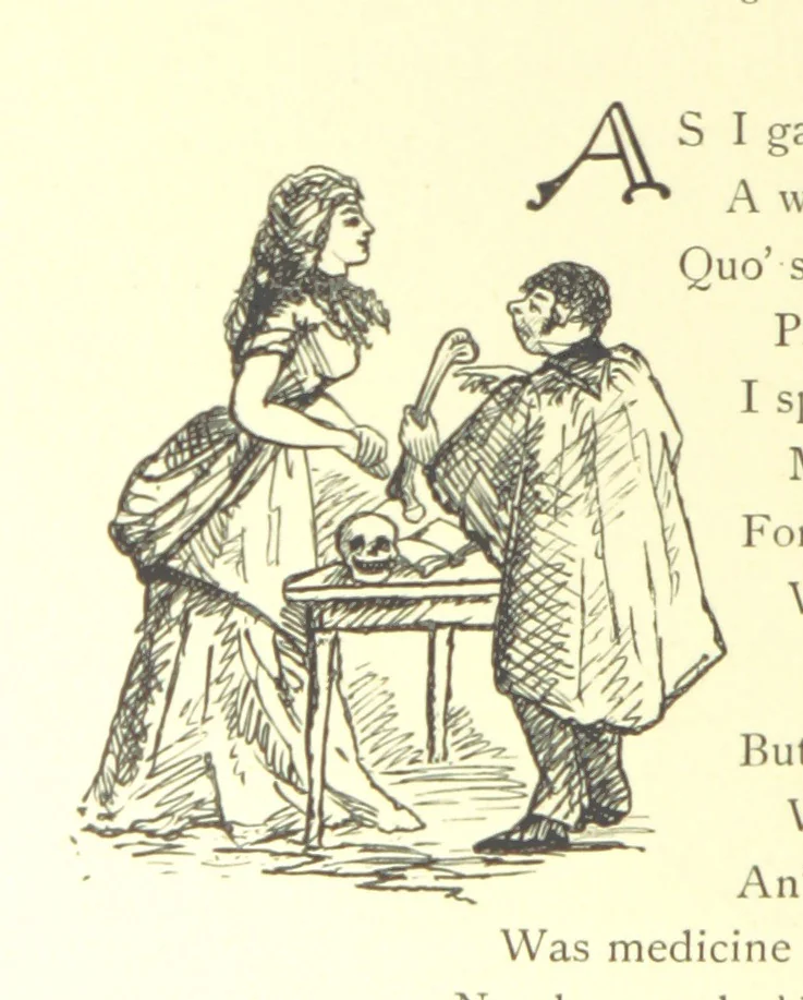 An illustration from Lays of the Colleges, being a collection of songs and verses by members of the Æsculapian, Medico-Chirurgical and other Professional Clubs in Edinburgh, 1886, leaf 176