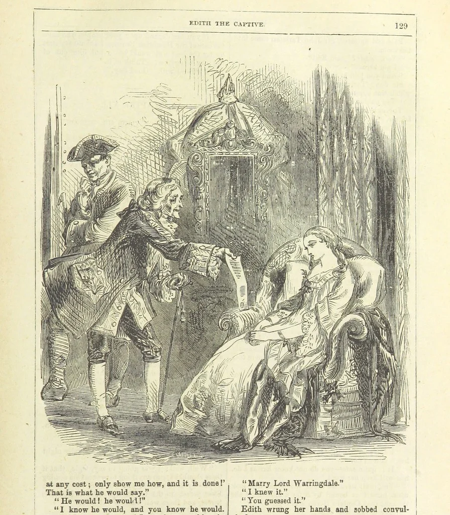 An illustration from Edith the Captive; or, the Robbers of Epping Forest. By the author of “Jane Brightwell,” [i.e. J. M. Rymer.] etc, 1861, leaf 141