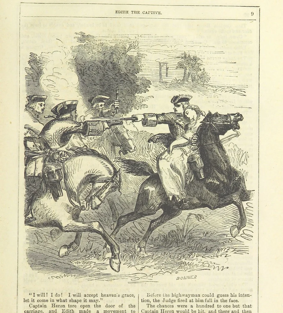 An illustration from Edith the Captive; or, the Robbers of Epping Forest. By the author of “Jane Brightwell,” [i.e. J. M. Rymer.] etc, 1861, leaf 21