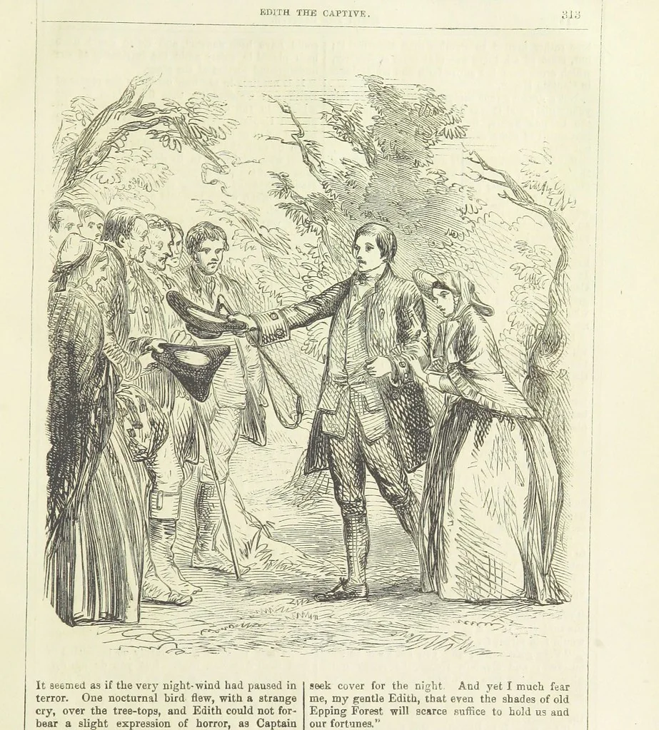 An illustration from Edith the Captive; or, the Robbers of Epping Forest. By the author of “Jane Brightwell,” [i.e. J. M. Rymer.] etc, 1861, leaf 325