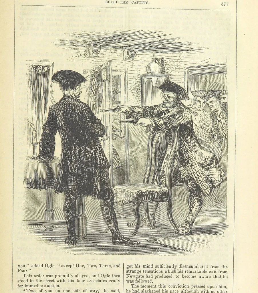 An illustration from Edith the Captive; or, the Robbers of Epping Forest. By the author of “Jane Brightwell,” [i.e. J. M. Rymer.] etc, 1861, leaf 389