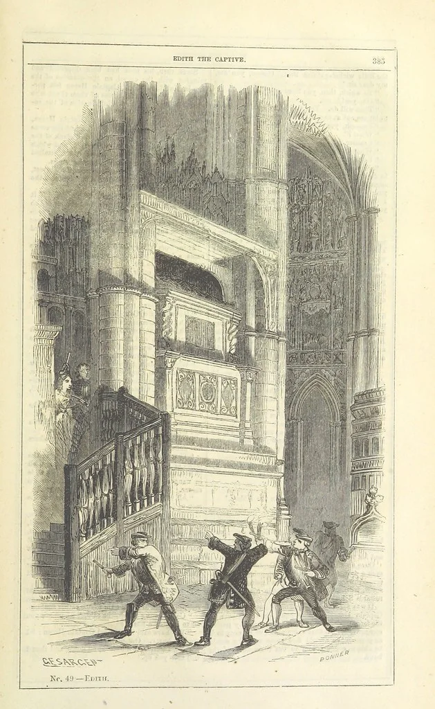 An illustration from Edith the Captive; or, the Robbers of Epping Forest. By the author of “Jane Brightwell,” [i.e. J. M. Rymer.] etc, 1861, leaf 397