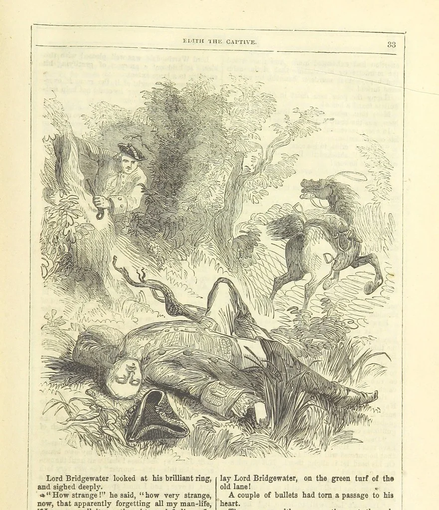An illustration from Edith the Captive; or, the Robbers of Epping Forest. By the author of “Jane Brightwell,” [i.e. J. M. Rymer.] etc, 1861, leaf 45