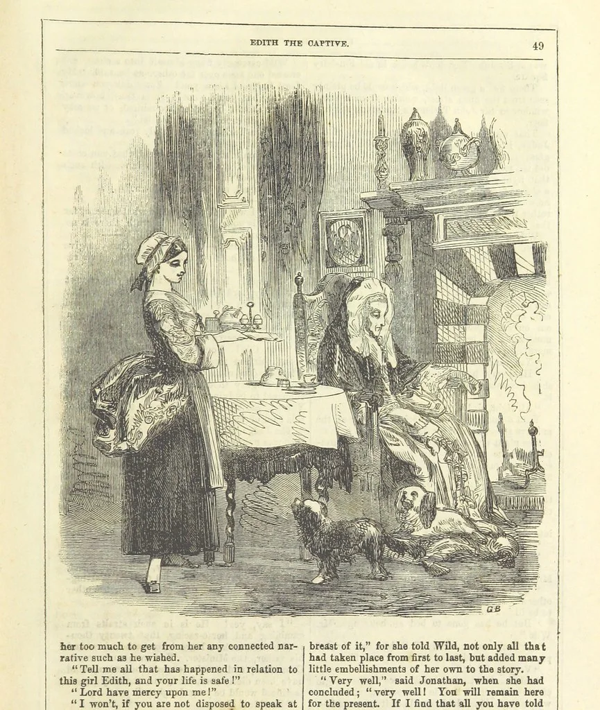 An illustration from Edith the Captive; or, the Robbers of Epping Forest. By the author of “Jane Brightwell,” [i.e. J. M. Rymer.] etc, 1861, leaf 61