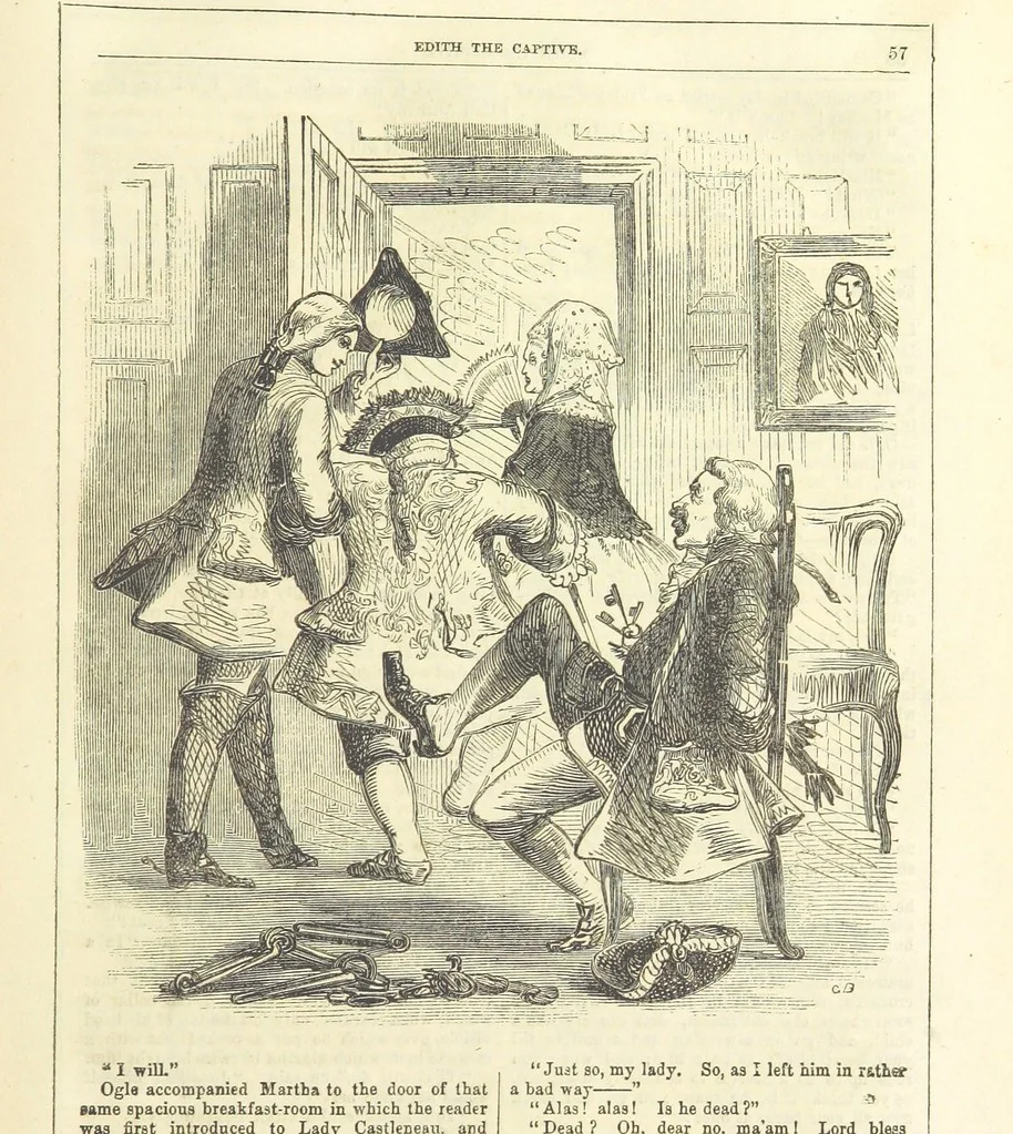 An illustration from Edith the Captive; or, the Robbers of Epping Forest. By the author of “Jane Brightwell,” [i.e. J. M. Rymer.] etc, 1861, leaf 69