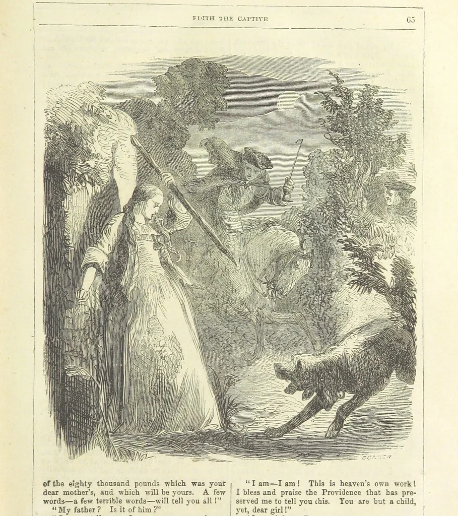 An illustration from Edith the Captive; or, the Robbers of Epping Forest. By the author of “Jane Brightwell,” [i.e. J. M. Rymer.] etc, 1861, leaf 77